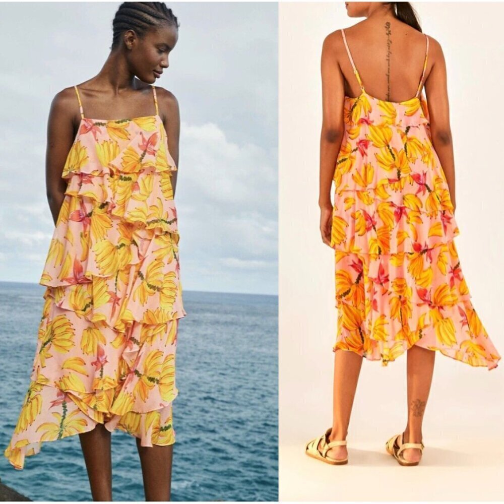 EUC (most likely new) FARM RIO Banana Taste Midi Ruffle Dress Size X-Small